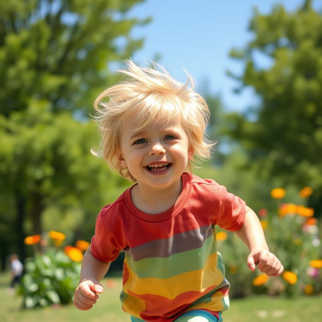 A cheerful young child with tousled, sun-kissed blonde hair, playing in a sunny park