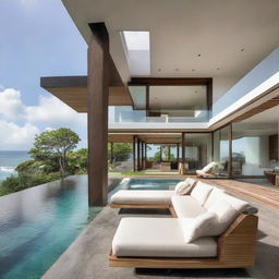 A sea-facing villa in Bali, designed in terraced contours with 2 floors. The second floor features an infinity pool and a carport. Each floor has a living room, bedroom, and bathroom. The villa includes a balcony on the second floor and a rooftop relaxation area.