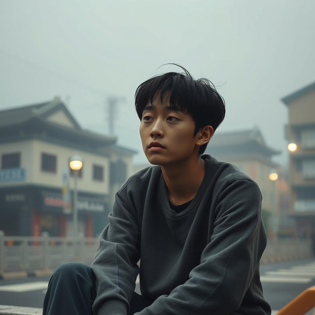 A melancholic South Korean individual sitting alone in a dimly lit urban setting, their expression reflecting deep sorrow and introspection