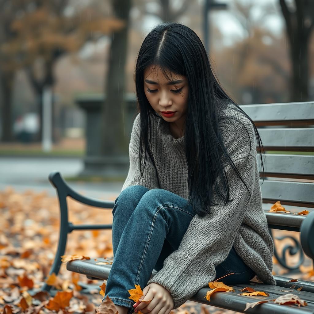 A very sad, depressive South Korean woman sitting alone on a park bench, her head slightly lowered and a distant, sorrowful expression on her face