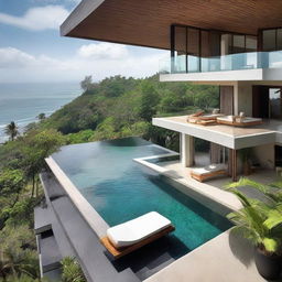 A sea-facing villa in Bali, designed in terraced contours with 2 floors. The second floor features an infinity pool and a carport. Each floor has a living room, bedroom, and bathroom. The villa includes a balcony on the second floor and a rooftop relaxation area.