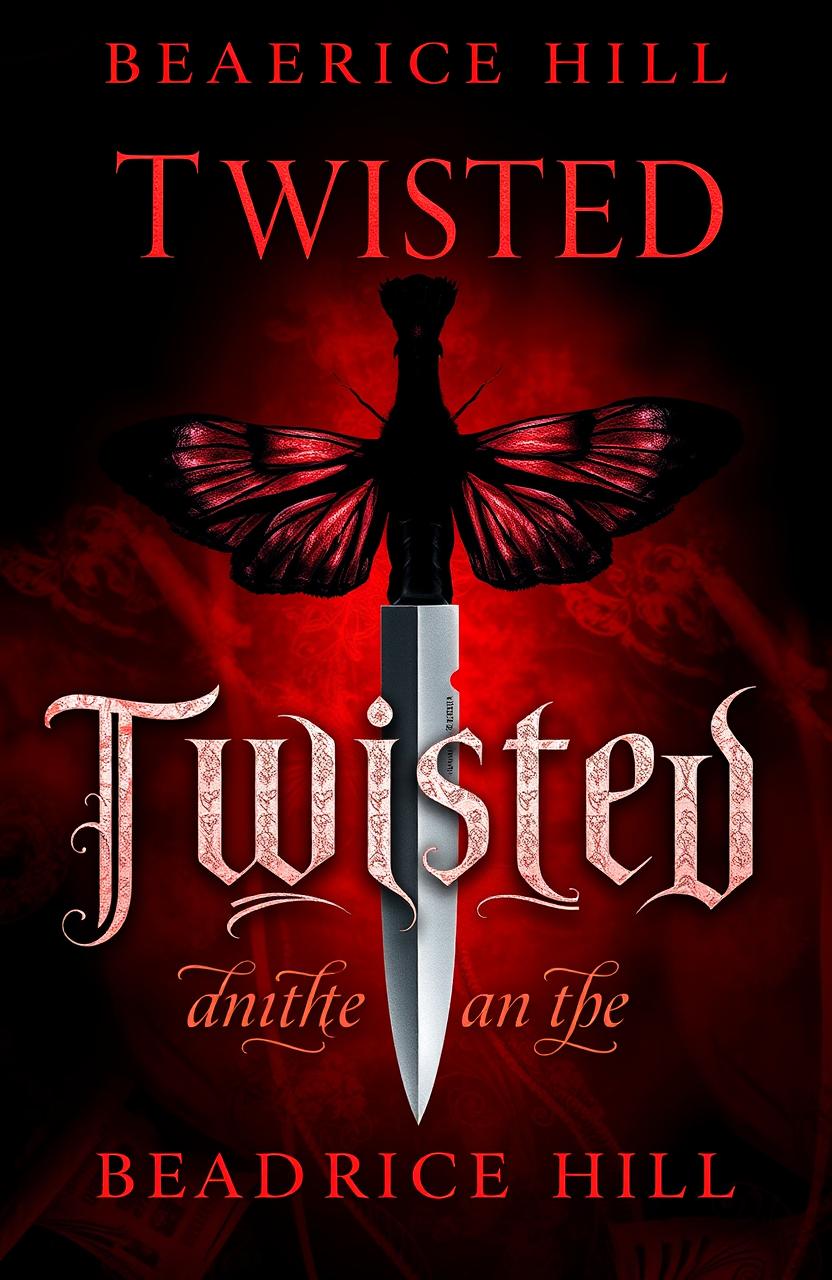 A captivating book cover for a novel titled 'Twisted Blood: The Moth and the Knife' by Beatrice Hill