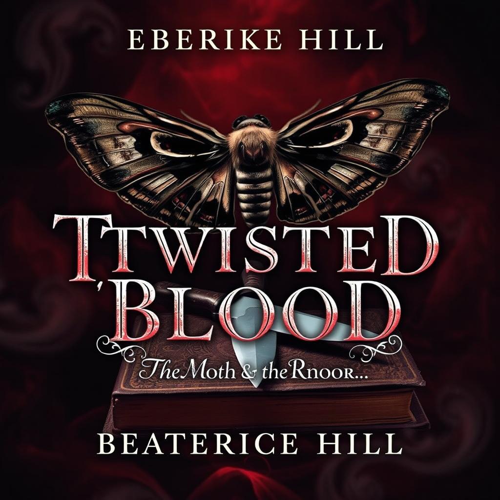 A striking book cover for the novel 'Twisted Blood: The Moth and the Knife' by Beatrice Hill, incorporating elements of mystery, horror, and romance