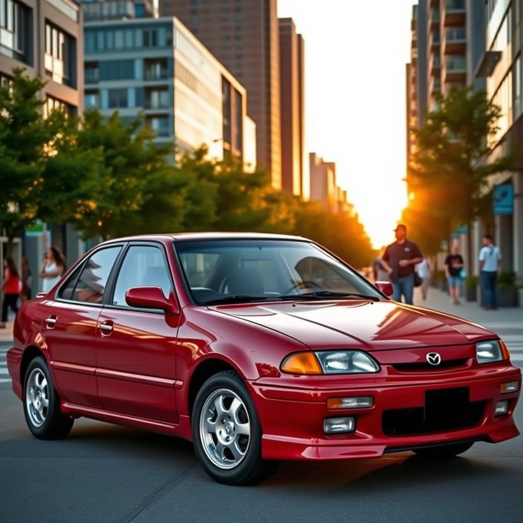 A 1996 Mazda Protege parked in an urban setting, showcasing its classic design with smooth contours and a retro aesthetic