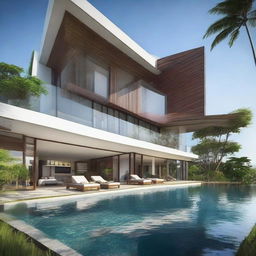 A sea-facing villa in Bali, designed in terraced contours with 2 floors. The second floor features an infinity pool and a carport. Each floor has a living room, bedroom, and bathroom. The villa includes a balcony on the second floor and a rooftop relaxation area.