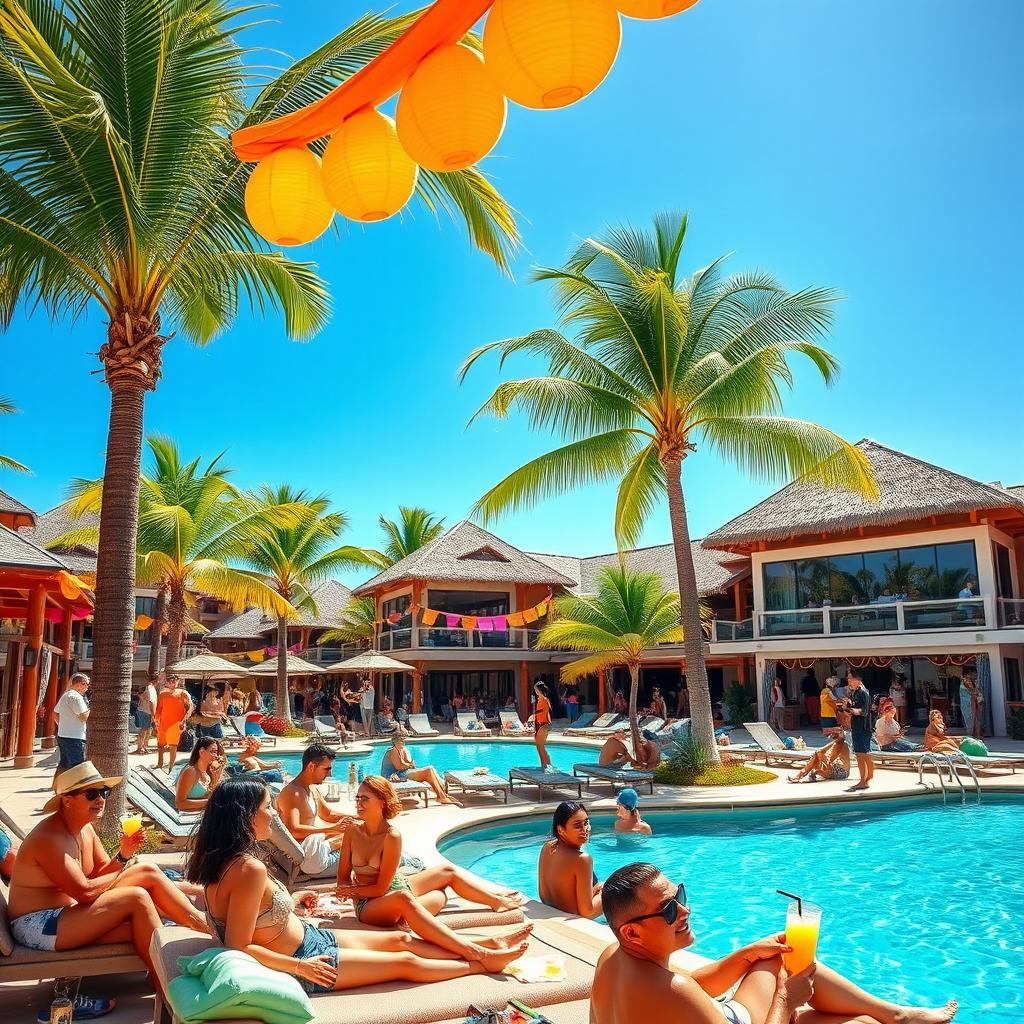 A luxurious tropical cabana hotel bustling with foreign tourists enjoying their vacation