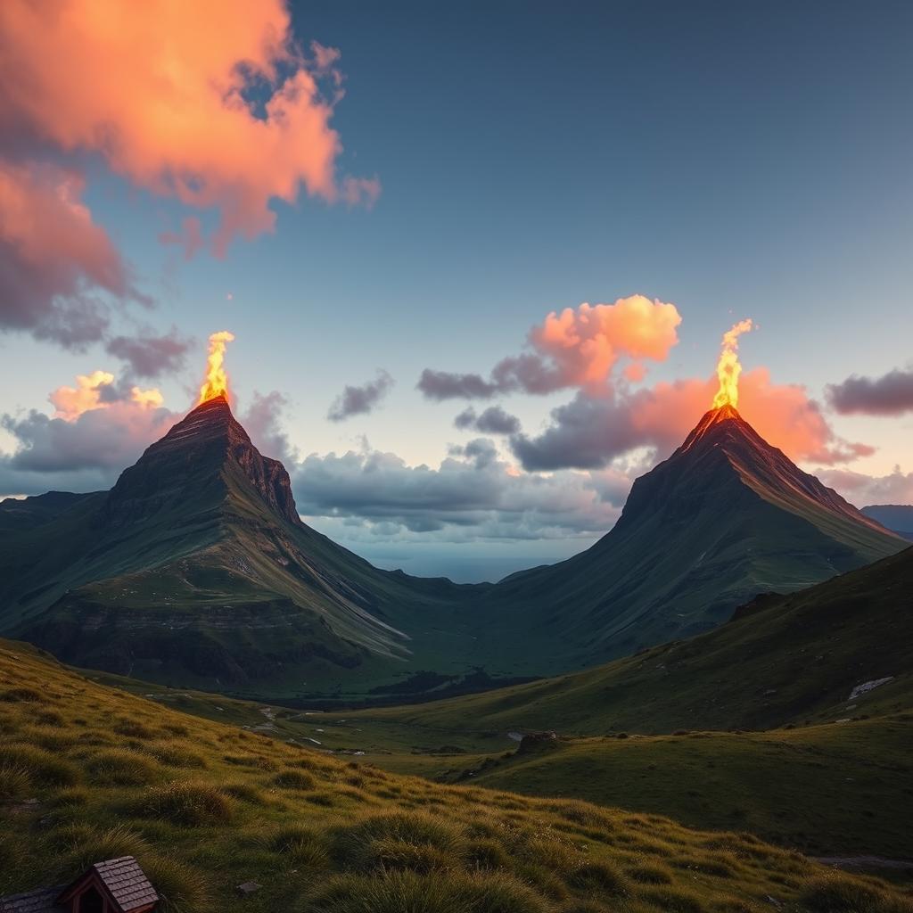 Two distant mountains with a lush green meadow in between, flames brightly burning at the peaks of both mountains, creating a contrast between nature's greenery and the vibrant fire; the scene at sunset, casting a warm and glowing light over the landscape, imparting a mystical aura to the atmosphere, with fluffy clouds in the sky reflecting the colors of the flames