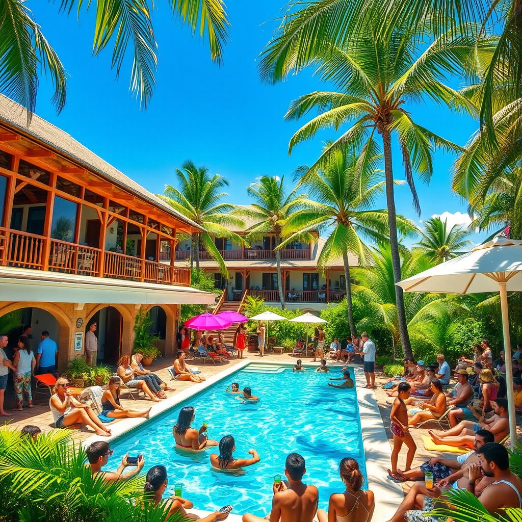 A vibrant tropical cabana hotel crowded with foreign tourists immersed in relaxation and enjoyment