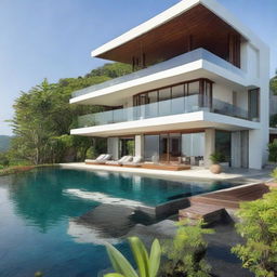 A sea-facing villa in Bali, designed in terraced contours with 2 floors. The second floor features an infinity pool and a carport. Each floor has a living room, bedroom, and bathroom. The villa includes a balcony on the second floor and a rooftop relaxation area.