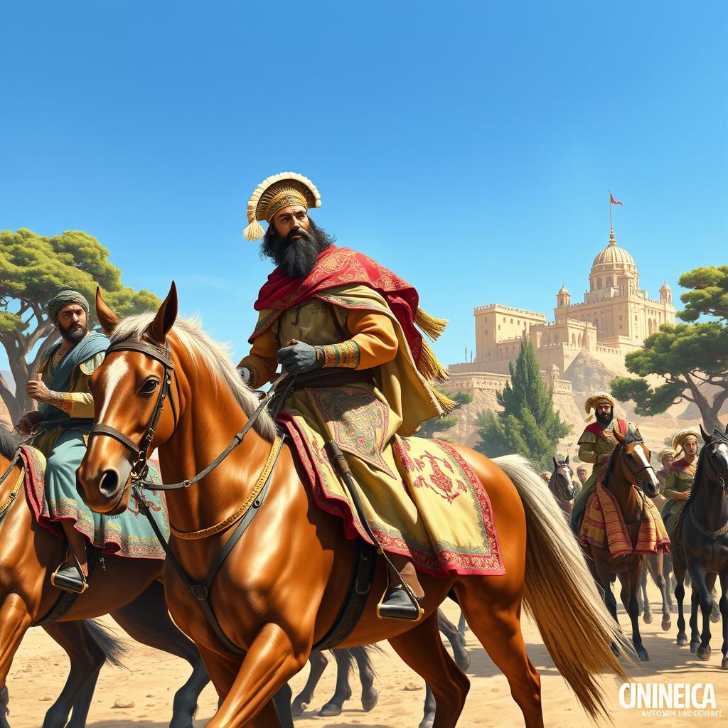 A historical and artistic depiction of Achaemenid couriers, showcasing their traditional attire and accessories, set against a backdrop of ancient Persian architecture