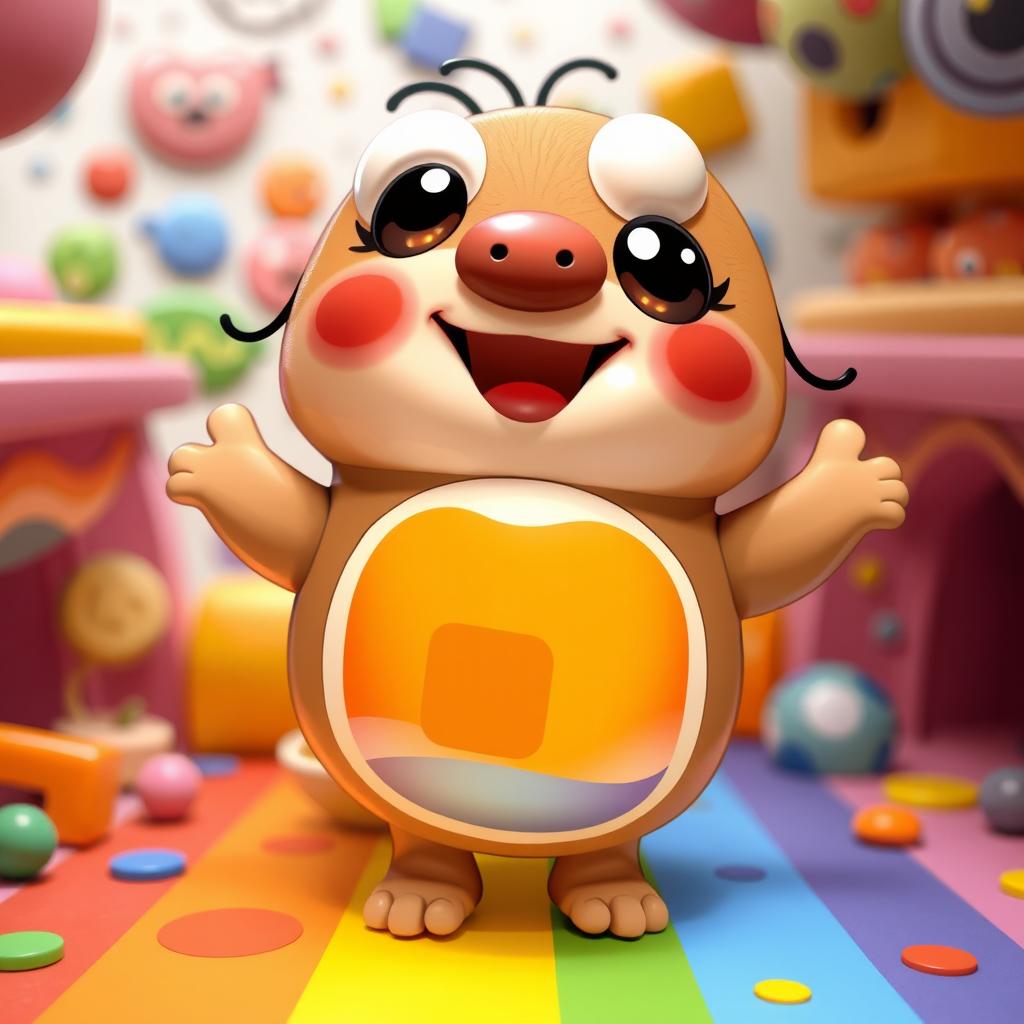 A whimsical character with a cartoonish design, featuring a bright, colorful square pattern on their belly