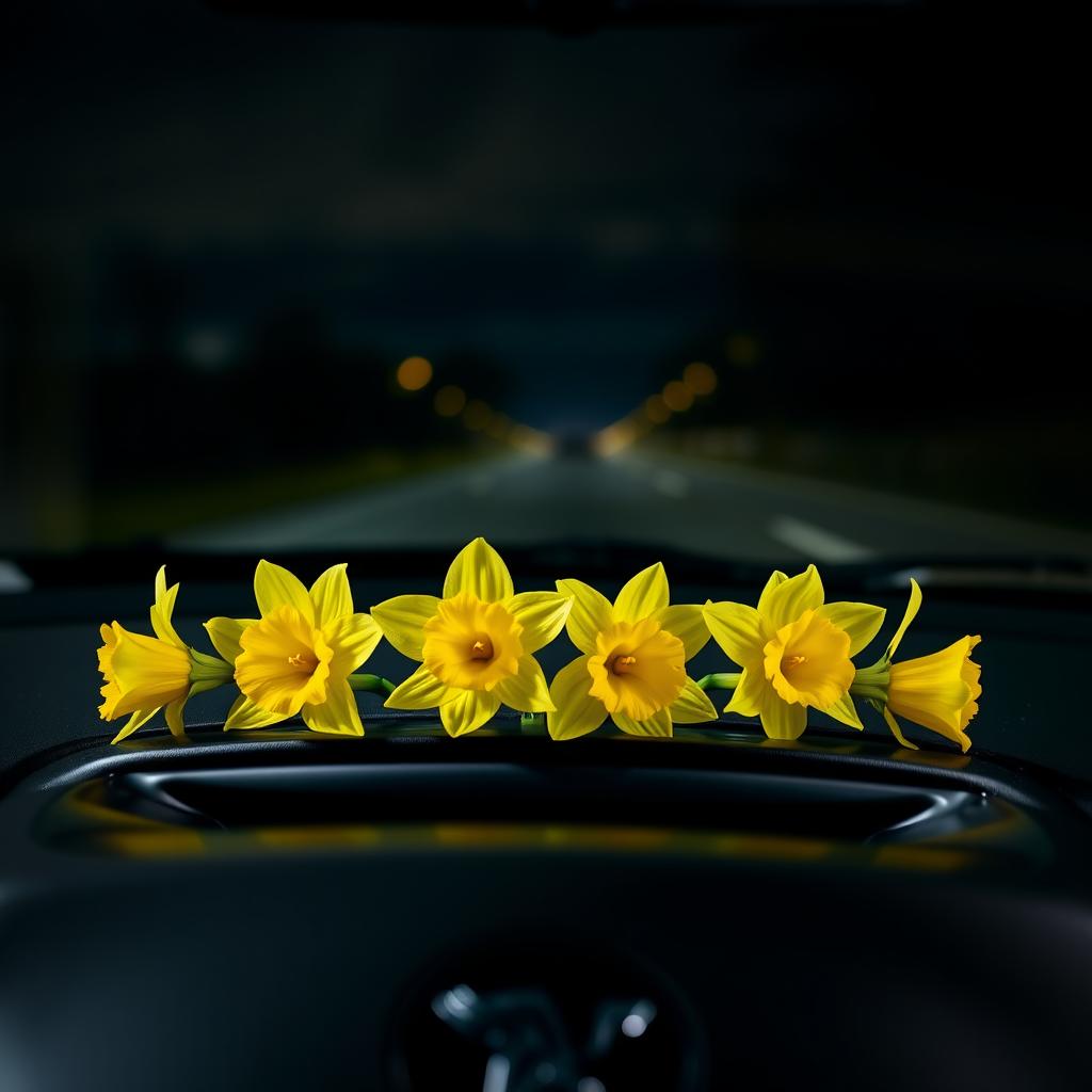 A close-up view of a Peugeot 206 dashboard featuring four vibrant daffodil flowers arranged elegantly on it