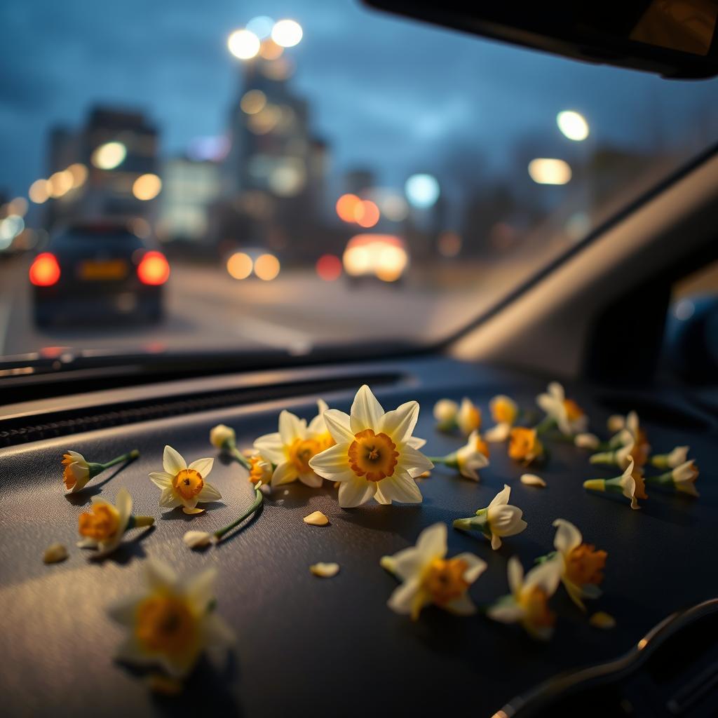 A beautiful, artistic composition featuring scattered Narcissus flowers elegantly arranged on the dashboard of a Peugeot 206
