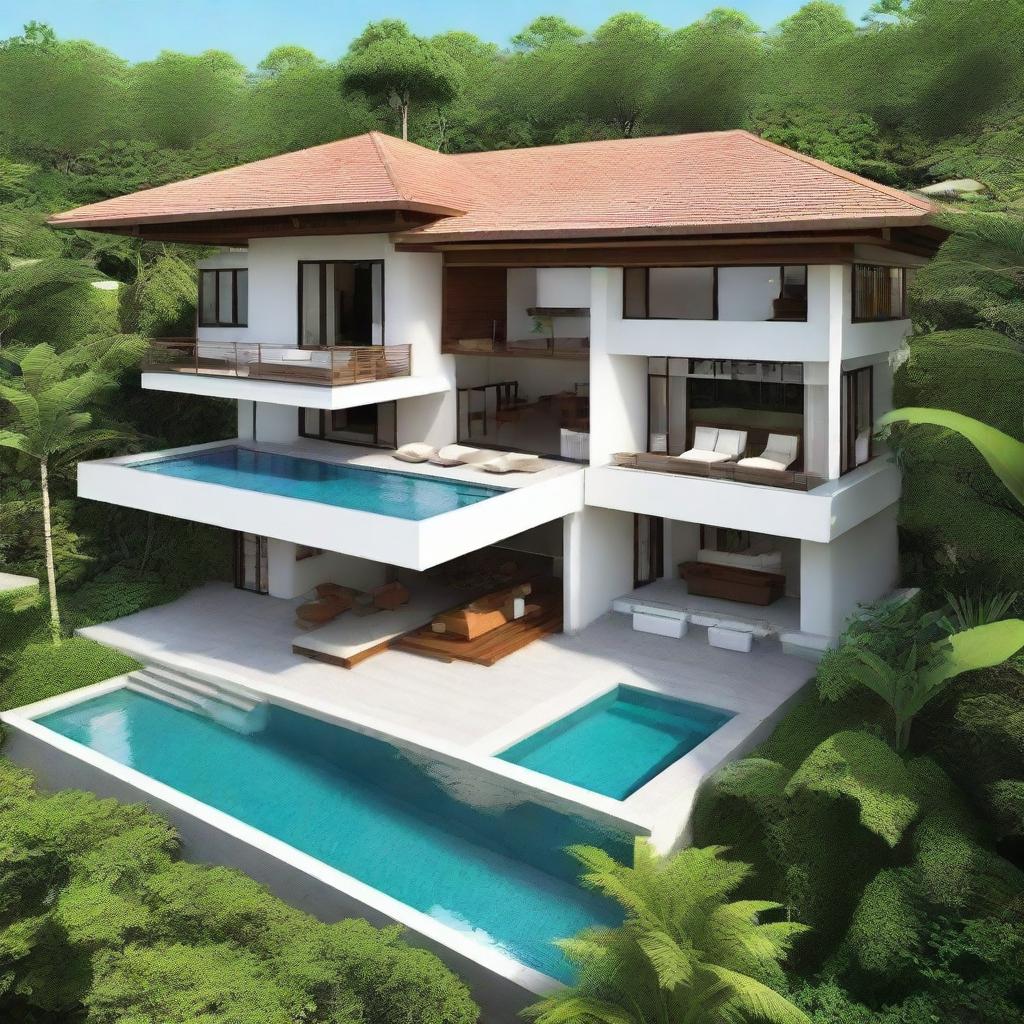 A two-story Balinese villa with a sea view, designed with terraced contours on a 100m2 plot of land. The first floor has a building area of 60m2. It includes an infinity pool and a carport on the second floor, bedrooms and bathrooms on each floor, a balcony on the second floor, and a rooftop relaxation area.