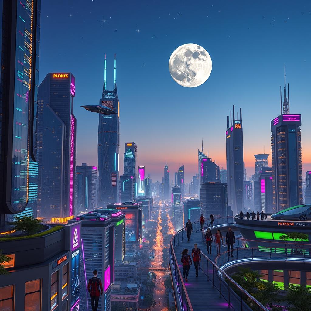 A futuristic cityscape at dusk, showcasing towering skyscrapers illuminated by vibrant neon lights, with flying cars zipping through the air