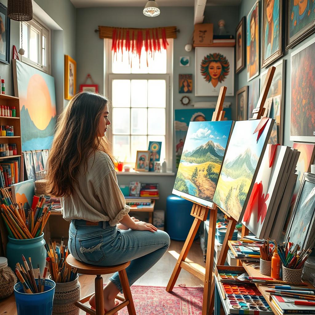 a vibrant and creative workspace of a young artist, filled with colorful art supplies, paintbrushes, and canvases in various stages of completion, the artist, a young woman with flowing brown hair, sits at an easel painting a beautiful landscape, sunlight streaming through a large window illuminating the room, eclectic decor, and inspiring art on the walls, a sense of passion and creativity pervades the atmosphere