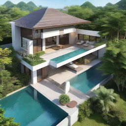 A two-story Balinese villa with a sea view, designed with terraced contours on a 100m2 plot of land. The first floor has a building area of 60m2. It includes an infinity pool and a carport on the second floor, bedrooms and bathrooms on each floor, a balcony on the second floor, and a rooftop relaxation area.