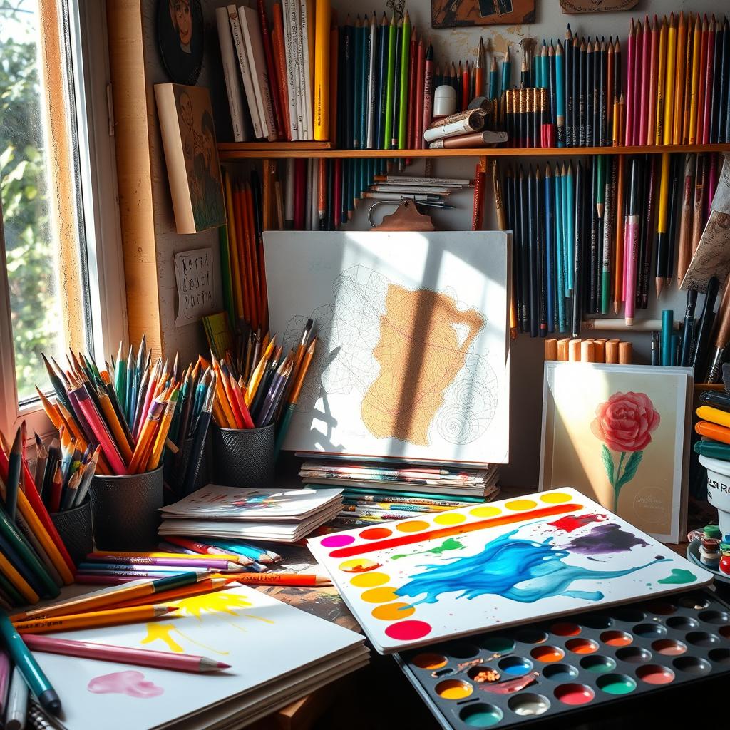 An artistic workspace filled with an array of colorful pencils, markers, and paints, showcasing a vibrant and creative atmosphere