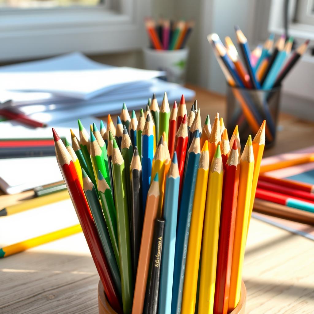 A visually appealing arrangement of various types of colorful pencils, displayed artfully on a wooden desk
