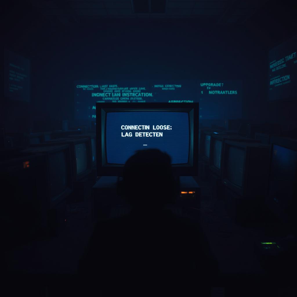 A scene depicting a gamer immersed in gameplay surrounded by multiple distorted old computer screens