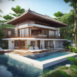 A two-story Balinese villa with a sea view, designed with terraced contours on a 100m2 plot of land. The first floor has a building area of 60m2. It includes an infinity pool and a carport on the second floor, bedrooms and bathrooms on each floor, a balcony on the second floor, and a rooftop relaxation area.