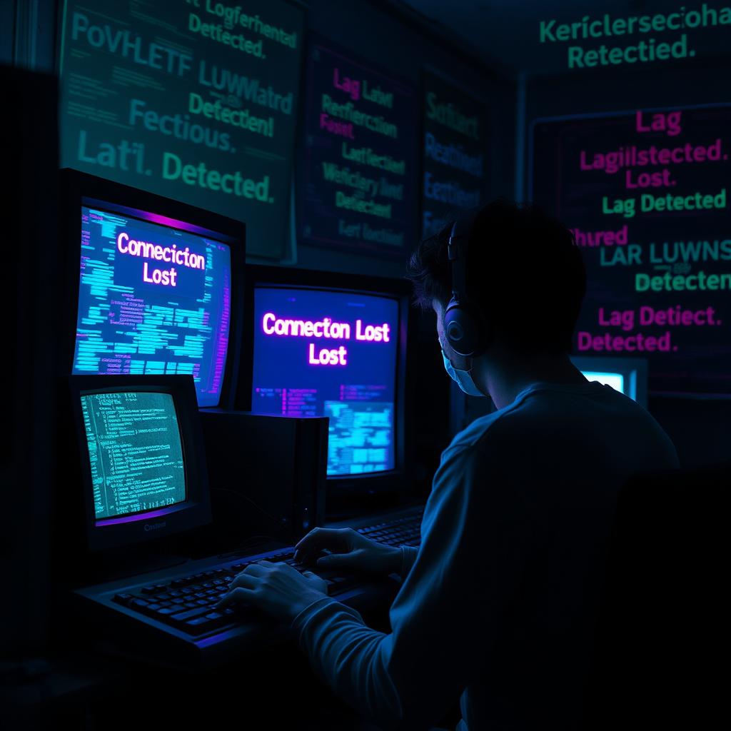 A gamer seated in a dimly lit room, intensely focused on an array of multiple old computers