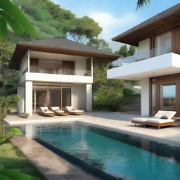 A two-story Balinese villa with a sea view, designed with terraced contours on a 100m2 plot of land. The first floor has a building area of 60m2. It includes an infinity pool and a carport on the second floor, bedrooms and bathrooms on each floor, a balcony on the second floor, and a rooftop relaxation area.