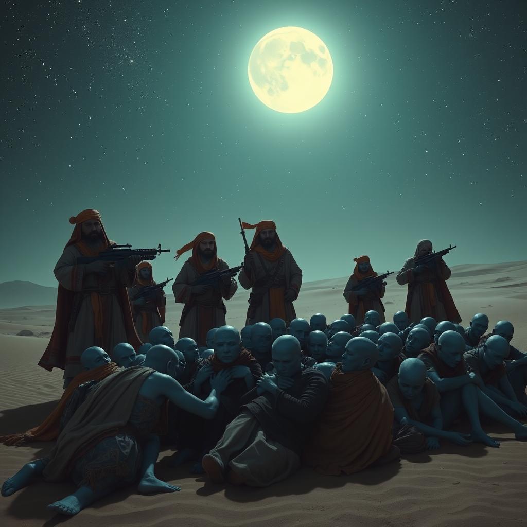 On a hot night on a desert planet in a dystopian future, a team of heavily armed Tuaregs dressed in intricate desert robes and vibrant turbans loom over a huddled crowd of adult, bald, blue-skinned individuals