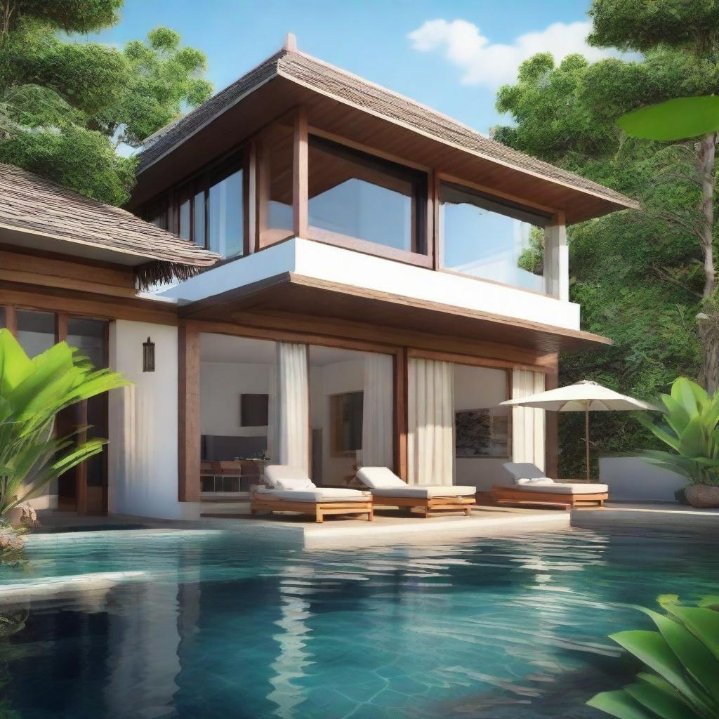 A sea view, terraced Balinese villa with two floors on a 100m2 land. A 60m2 first floor building hosts living room, bedroom, and bathroom. The second floor features an infinity pool, carport, and a balcony. A tranquil rooftop area adds an extra relaxing touch.