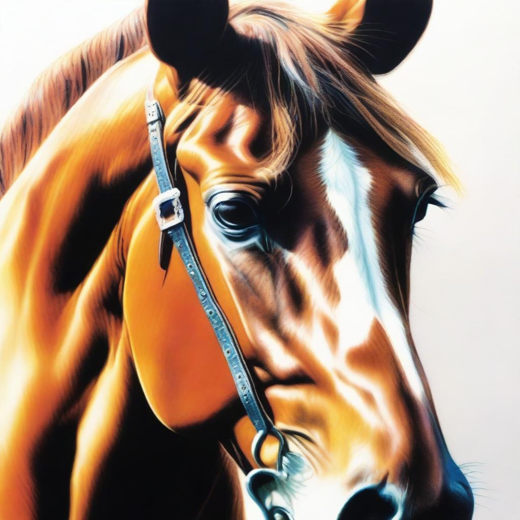 A meticulously crafted coloured pencil drawing of a horse's face, capturing every detail with the highest quality