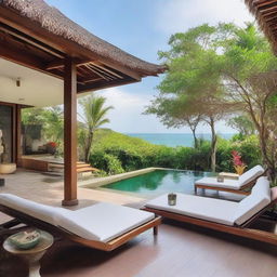 A sea view, terraced Balinese villa with two floors on a 100m2 land. A 60m2 first floor building hosts living room, bedroom, and bathroom. The second floor features an infinity pool, carport, and a balcony. A tranquil rooftop area adds an extra relaxing touch.