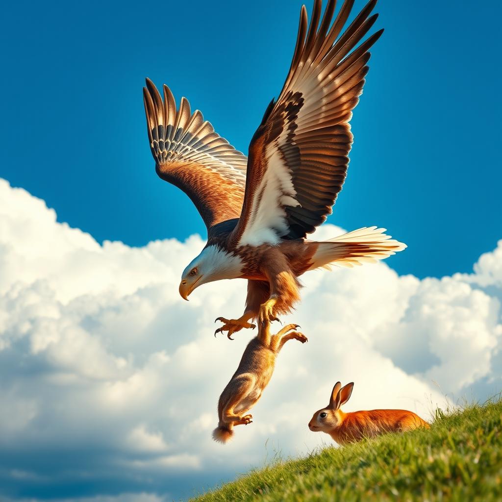 A majestic eagle fiercely swooping down to catch its prey, a rabbit, in its sharp talons