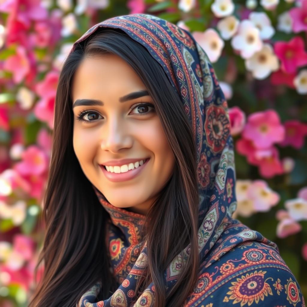 A beautiful woman wearing a colorful hijab, featuring intricate patterns