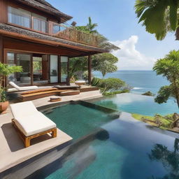 A sea view, terraced Balinese villa with two floors on a 100m2 land. A 60m2 first floor building hosts living room, bedroom, and bathroom. The second floor features an infinity pool, carport, and a balcony. A tranquil rooftop area adds an extra relaxing touch.