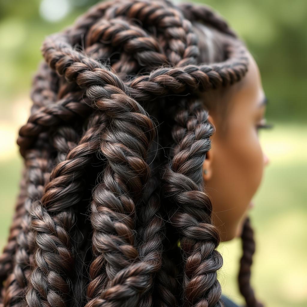 A close-up view of beautifully styled hair twists, showcasing intricate and artistic patterns