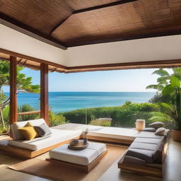 A sea view, terraced Balinese villa with two floors on a 100m2 land. A 60m2 first floor building hosts living room, bedroom, and bathroom. The second floor features an infinity pool, carport, and a balcony. A tranquil rooftop area adds an extra relaxing touch.