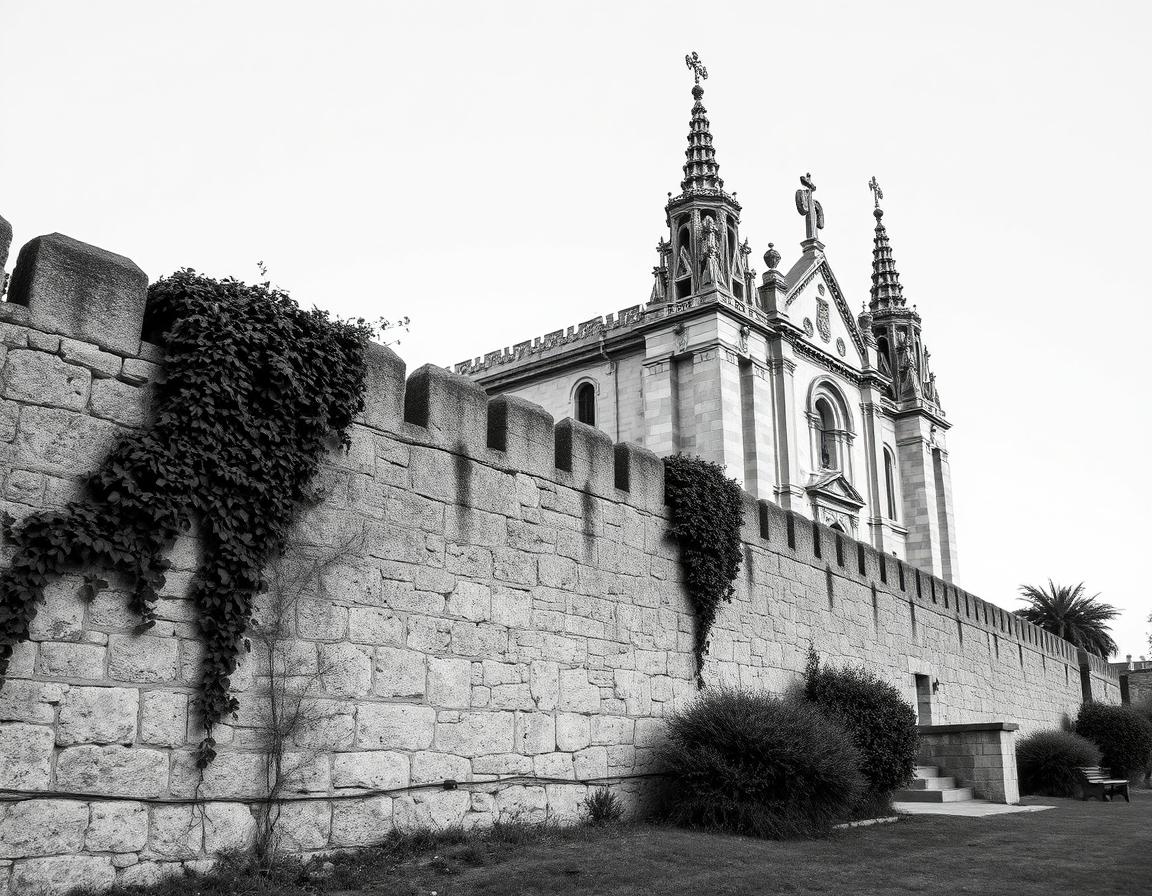 An ancient medieval stone wall standing proudly in front of a historic church in Spain