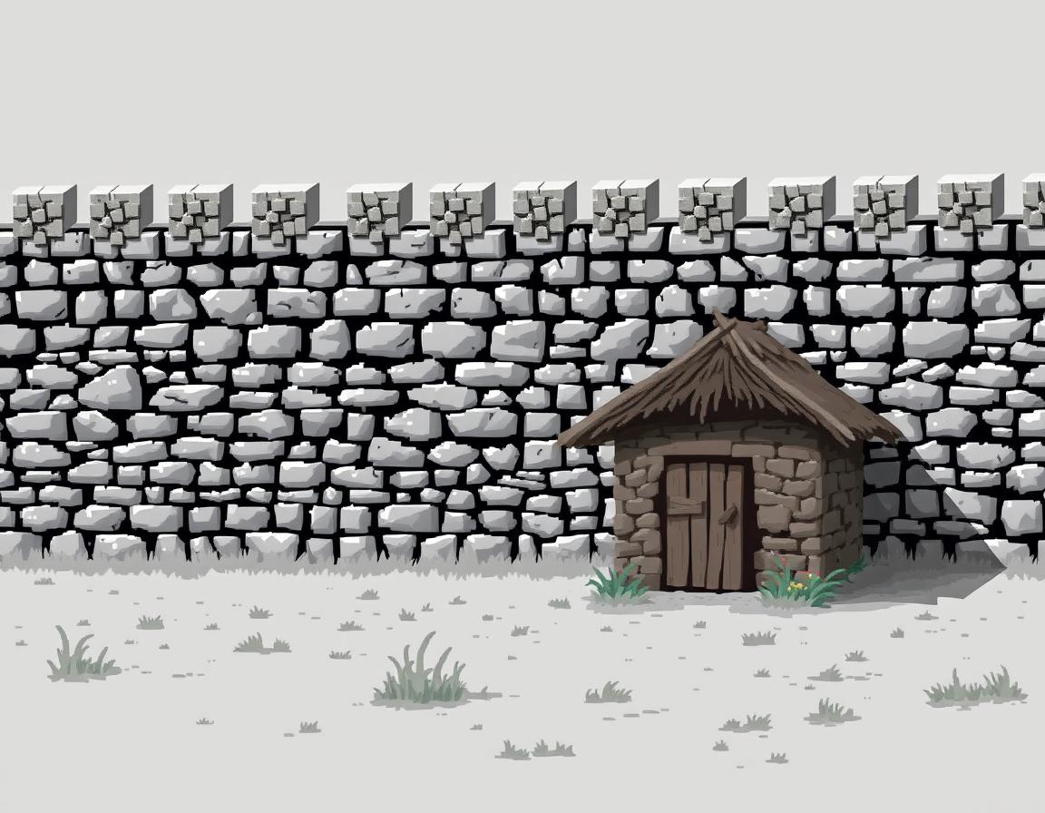 An ancient medieval wall standing robustly in front of a quaint hut in Spain
