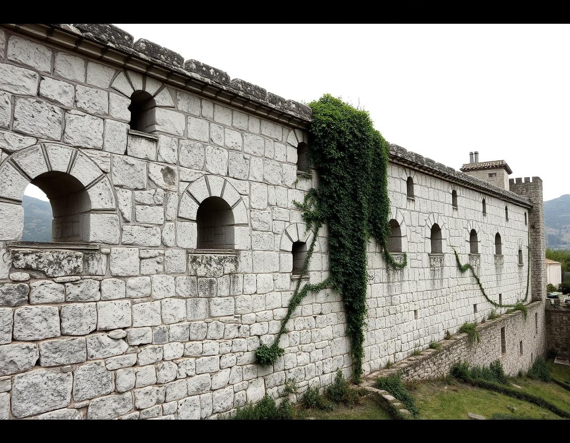 An ancient medieval wall in Spain, depicted in a pixelated style that highlights the unique textures of the weathered stones