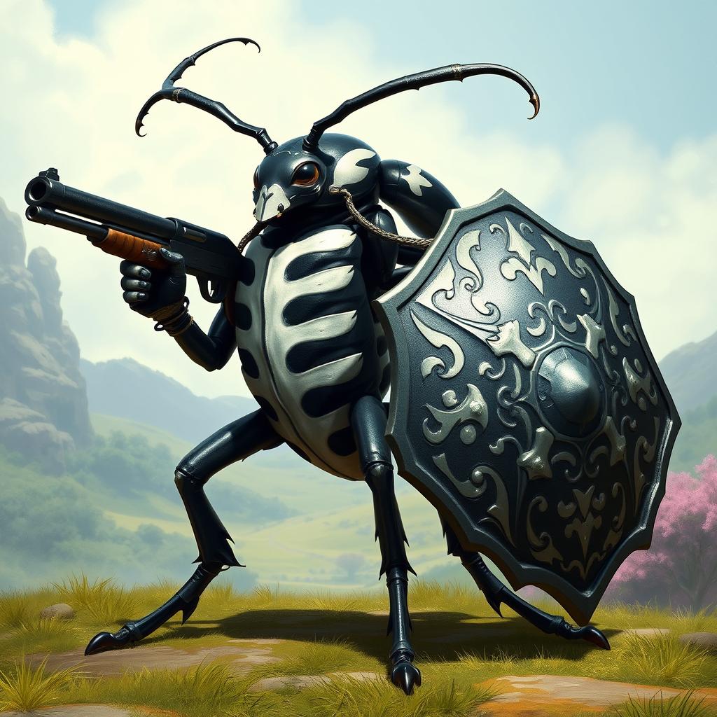 A fantasy-style beetle standing on two legs, showcasing a striking black and white colored exoskeleton that glistens in the light