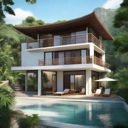 A two-story, Balinese villa with a sea view and terraced contours, situated on a 100m2 piece of land. The first floor is 60m2. Every floor includes a living room, bedroom, and bathroom. The second floor features an infinity pool, a carport, and a balcony. The villa does not have a roof.