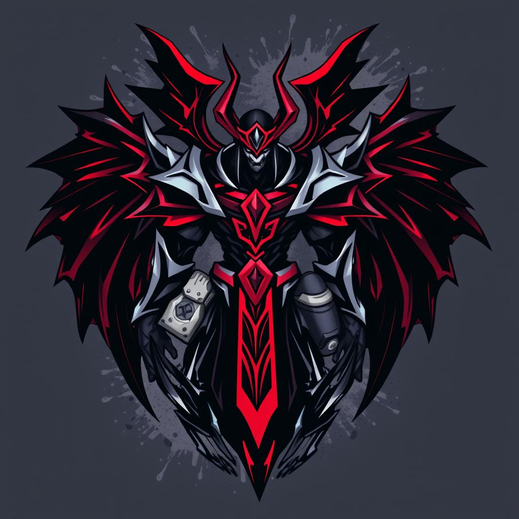 A stylish graphic t-shirt design featuring Aatrox from League of Legends, showcasing his imposing figure in full battle armor, wings spread wide, and a fierce expression
