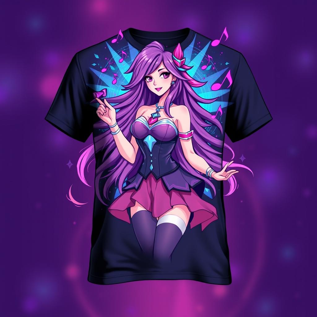 A stylish t-shirt design featuring the character Seraphine from League of Legends