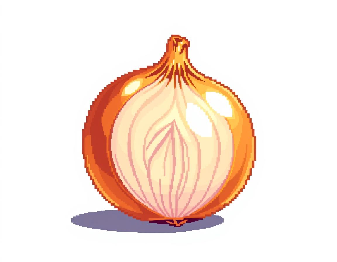 A vibrant pixellated style illustration of a single onion, showcasing its round shape and distinct layers