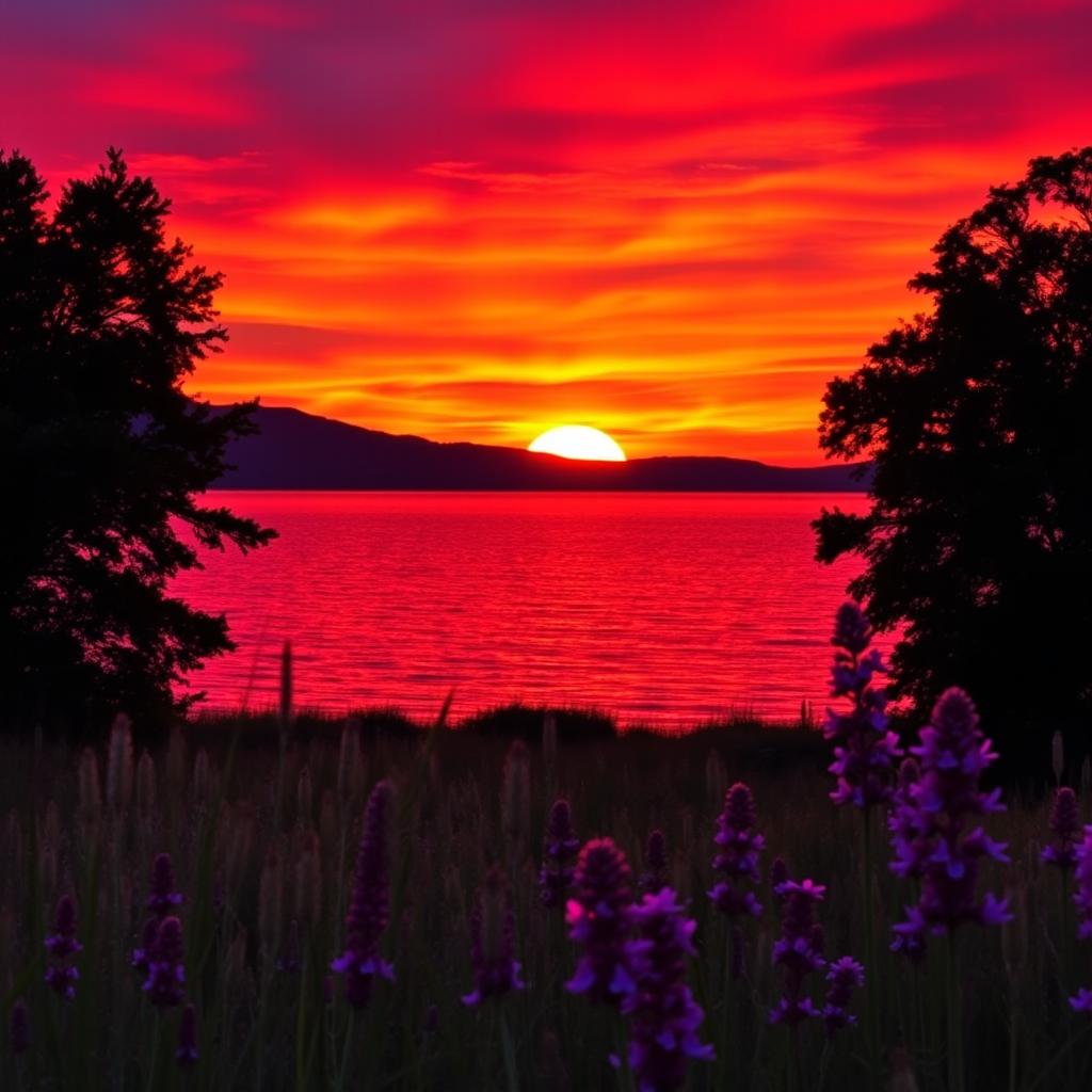A stunning landscape photograph featuring a vibrant sunset over a serene lake