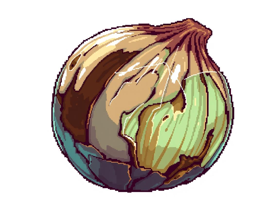 A vibrant pixellated style illustration of an old, rotten onion, showcasing its decayed appearance with bright pixelated colors