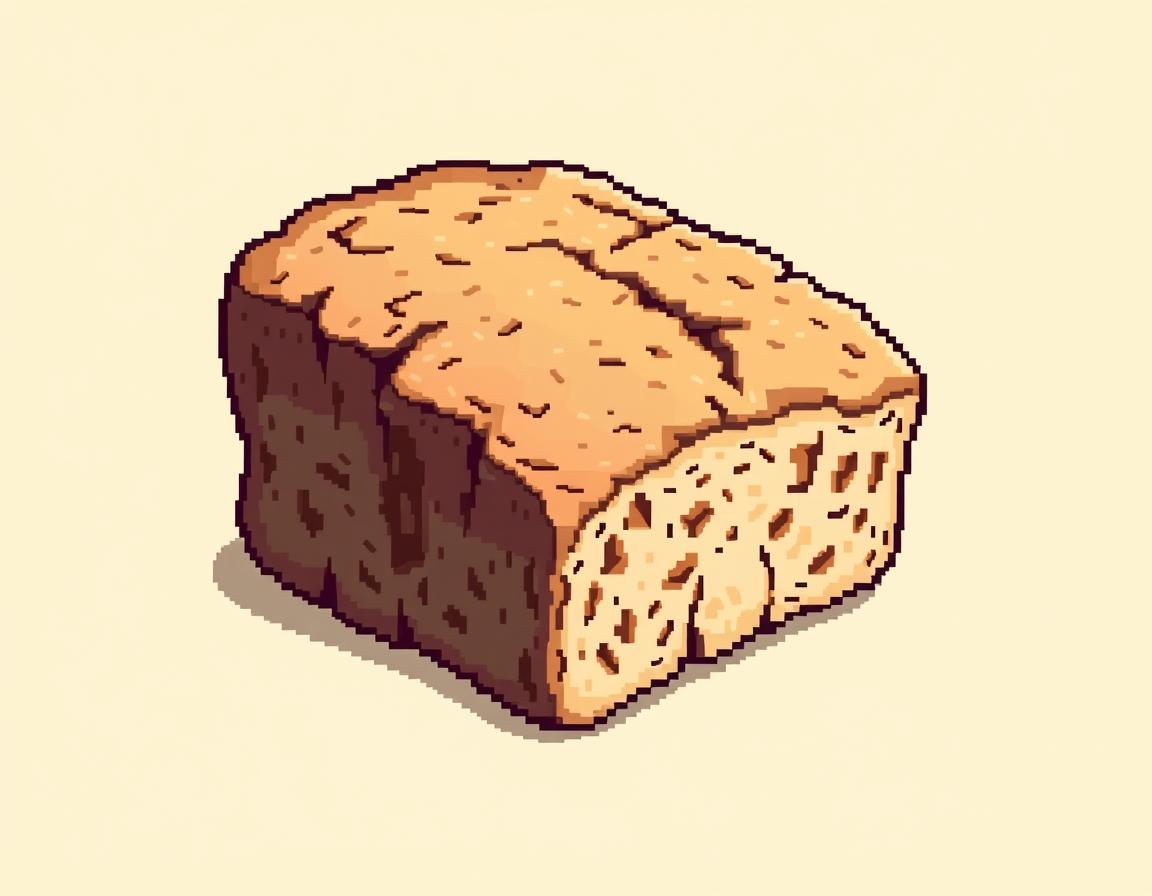 A vibrant pixellated style illustration of an old crust of bread, showcasing its aged, textured surface