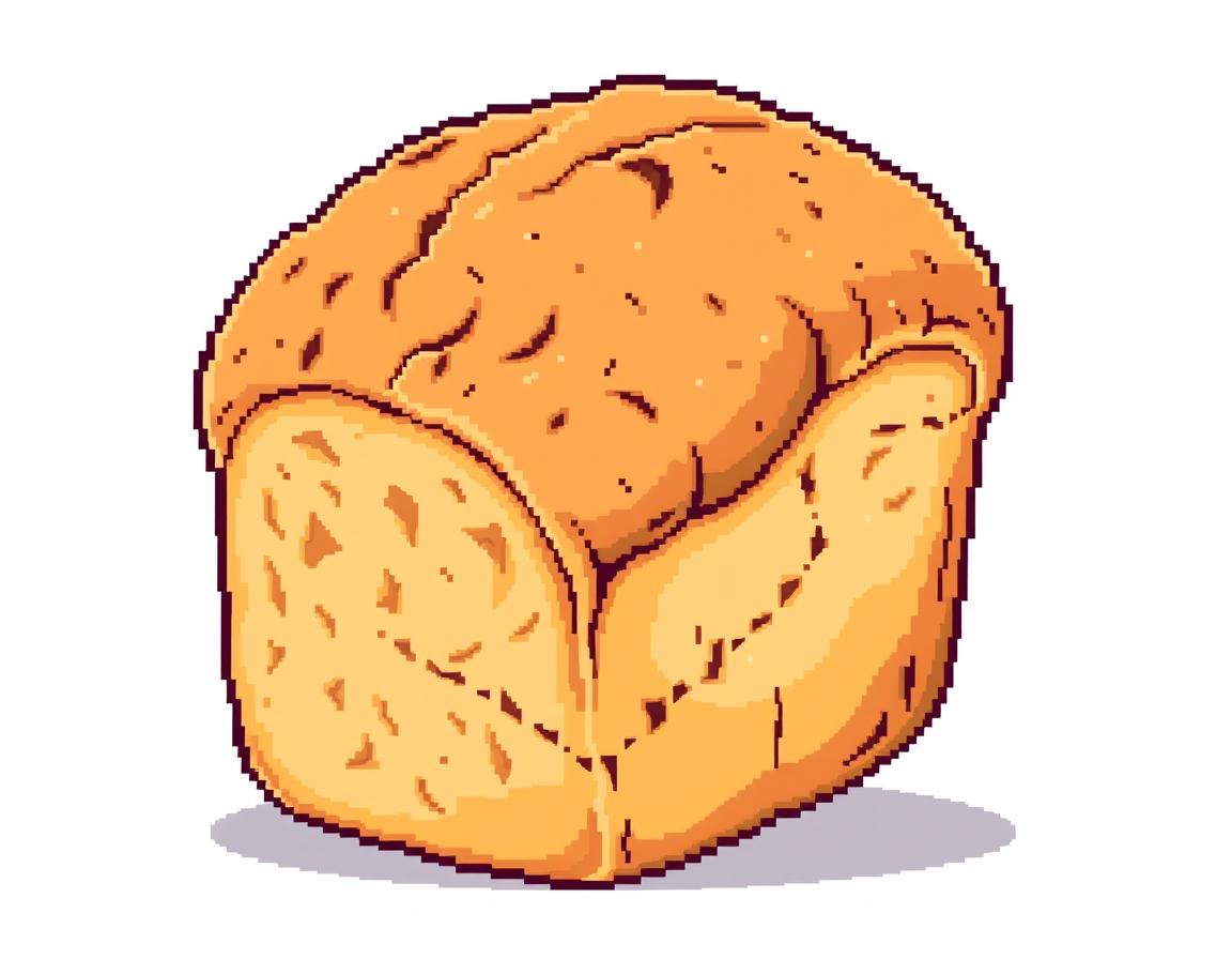 A vibrant pixellated style illustration of an old roll of bread, showcasing its weathered and crusty exterior
