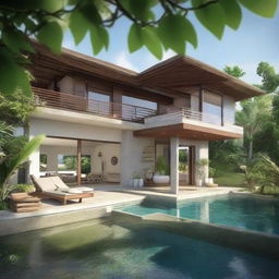 A two-story, Balinese villa with a sea view and terraced contours, situated on a 100m2 piece of land. The first floor is 60m2. Every floor includes a living room, bedroom, and bathroom. The second floor features an infinity pool, a carport, and a balcony. The villa does not have a roof.