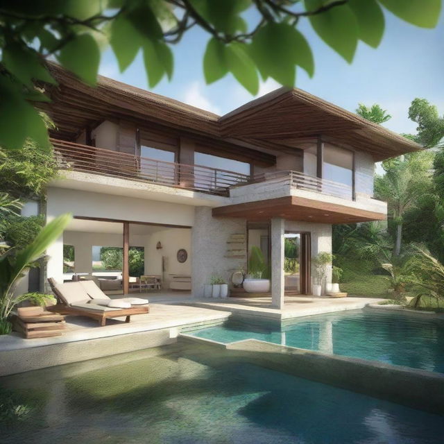 A two-story, Balinese villa with a sea view and terraced contours, situated on a 100m2 piece of land. The first floor is 60m2. Every floor includes a living room, bedroom, and bathroom. The second floor features an infinity pool, a carport, and a balcony. The villa does not have a roof.